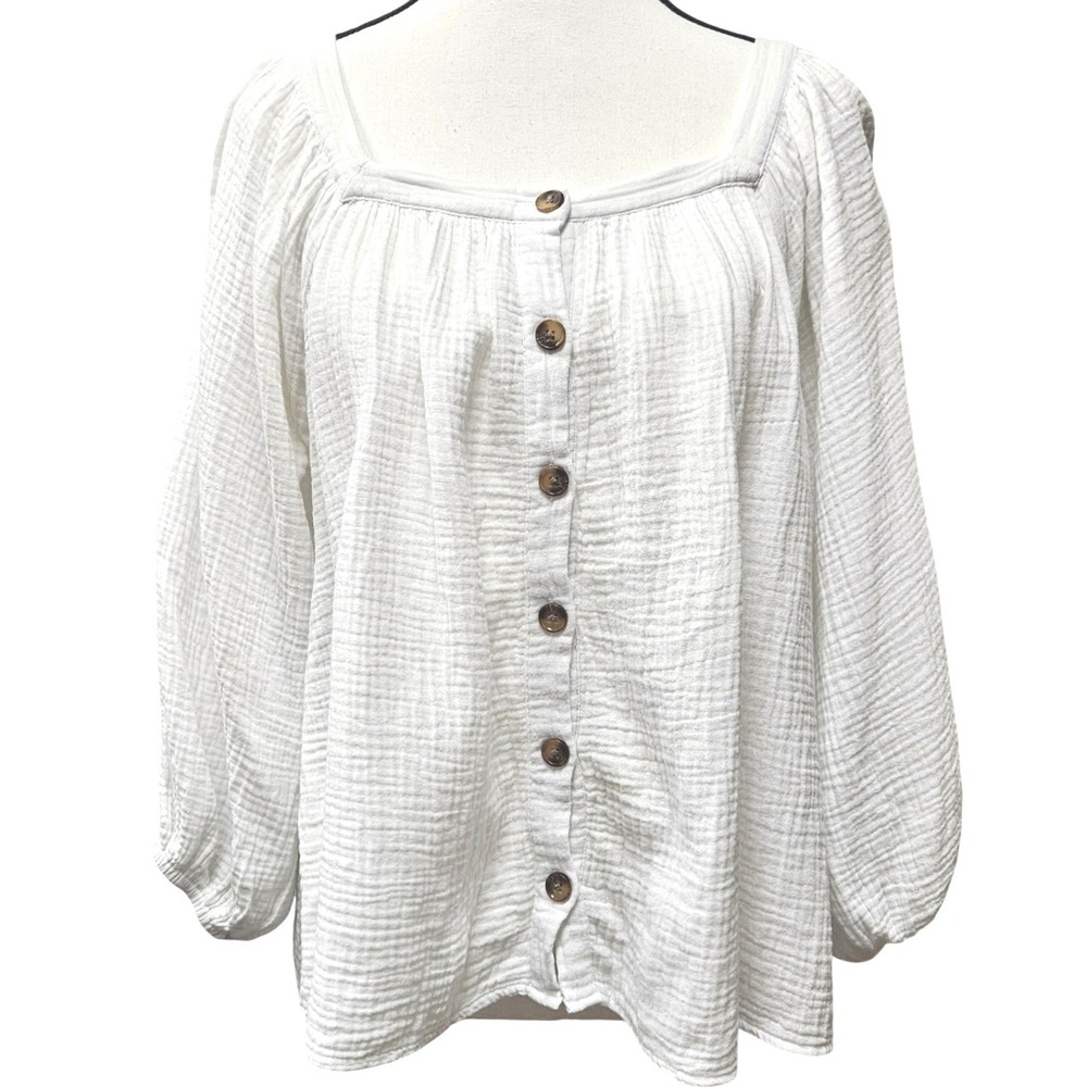 Supplies by Union Bay White Cotton Gauze Square Neck Button Front Blouse Medium